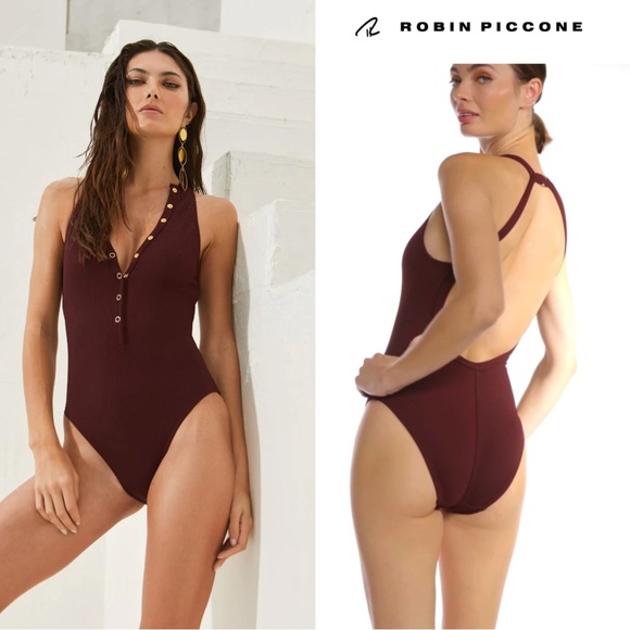 Robin Piccone Amy ribbed high neck snap button one piece swimsuit size 14 - Picture 1 of 11